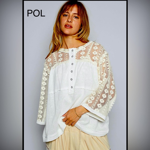 POL Tops - BP214-7⭐️POL pretty White Lace sleeve Top w/amazing sheer lace details!
